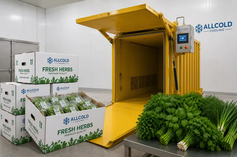 Fresh herb export cartons and bunches staged beside an Allcold vacuum cooler before pre-cooling