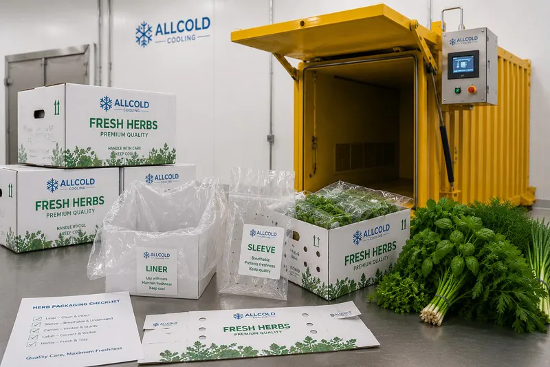 Herb packaging elements such as liners, sleeves, and vented cartons being checked before vacuum cooling.
