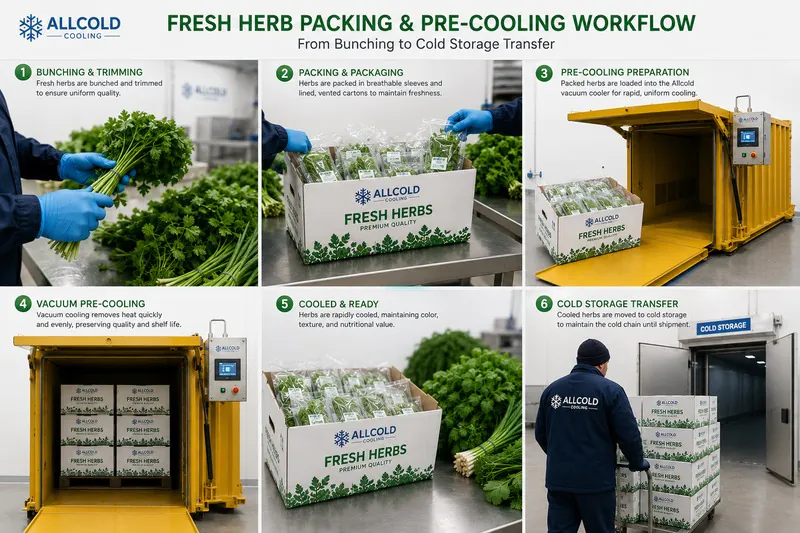 Fresh herb packing and pre-cooling workflow from bunching to cold storage transfer.