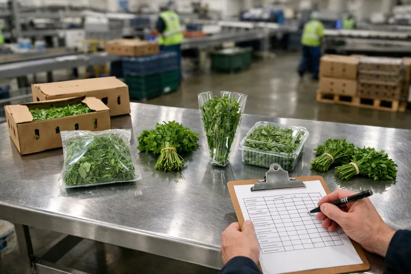 Herb packaging options compared before vacuum cooling validation.