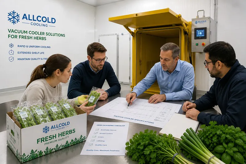 Engineering team reviewing herb packaging before changing vacuum cooler specifications.