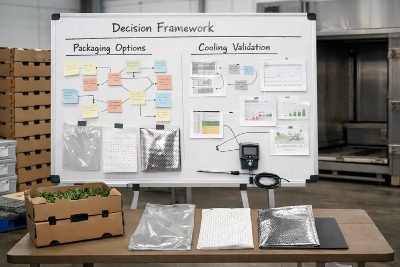 Decision framework for herb export packaging and vacuum cooling validation.