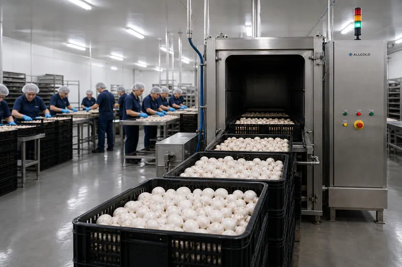 Mushroom harvest trays queuing between harvest floor and vacuum cooler