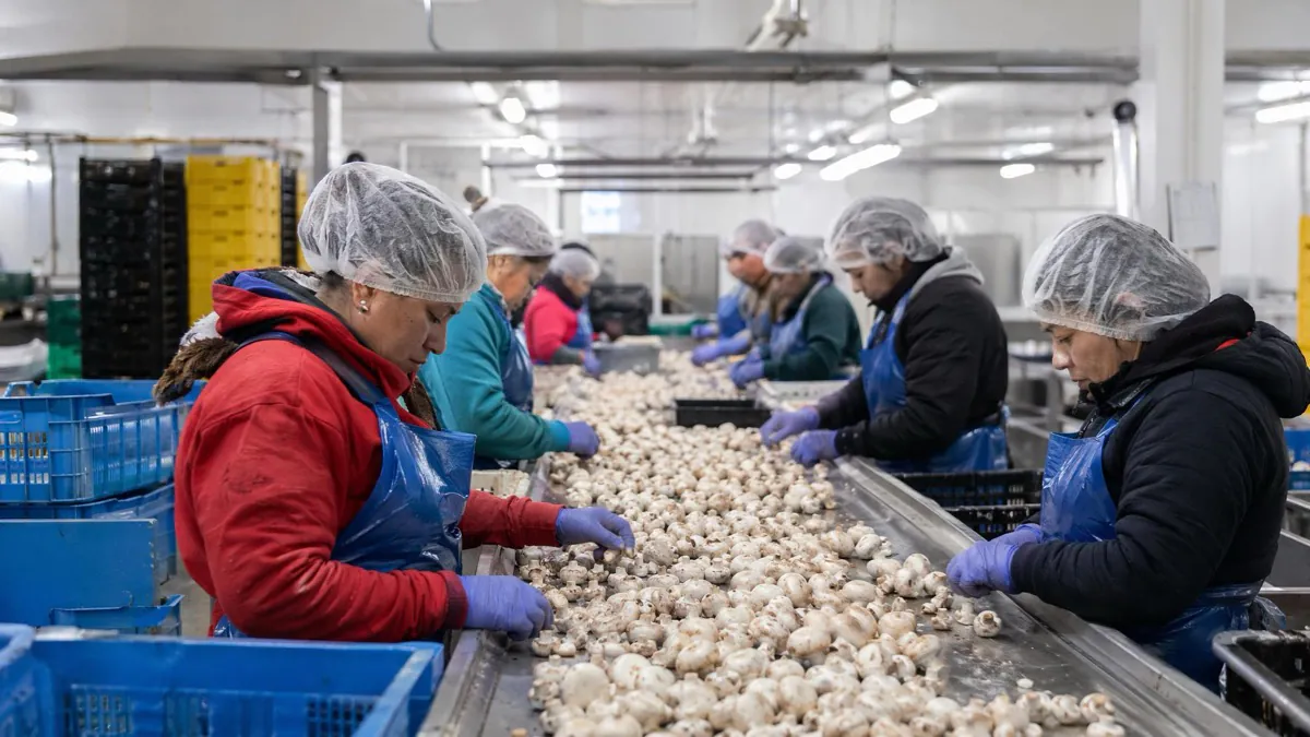 Mushroom sorting and grading at ambient temperature before vacuum cooling