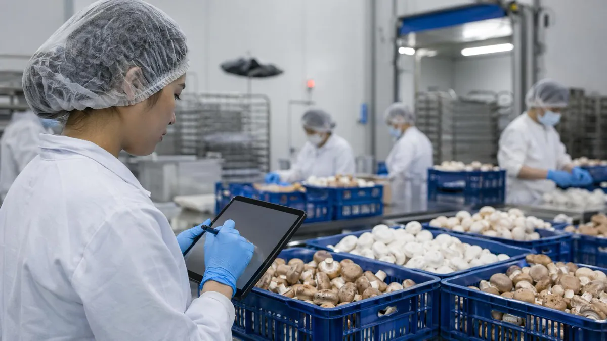 Tracking harvest-to-cooler time and batch interval for mushroom export quality