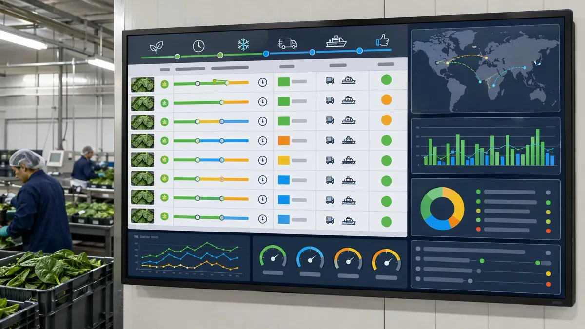 Spinach export operation batch tracking board for harvest to cooler interval and destination feedback
