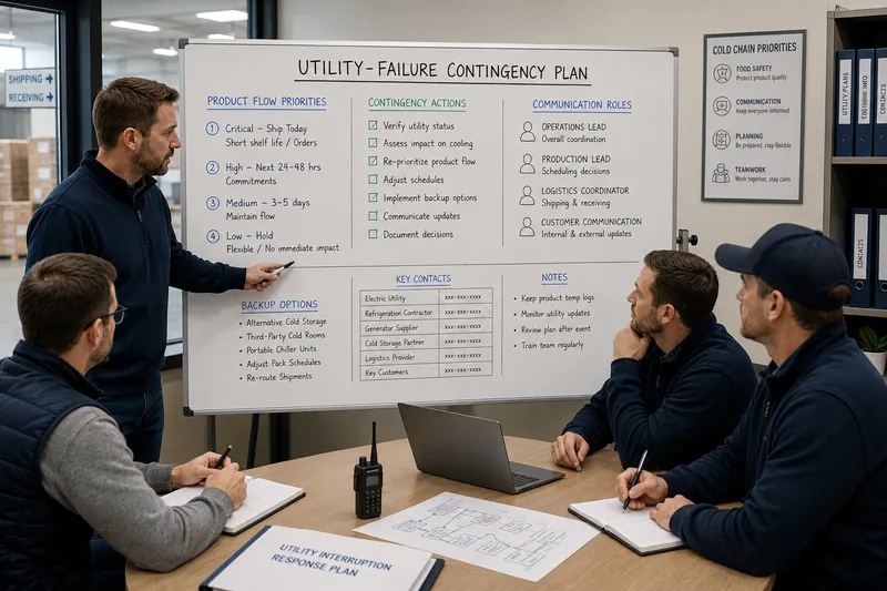 Utility-failure contingency planning for product flow and communication roles.