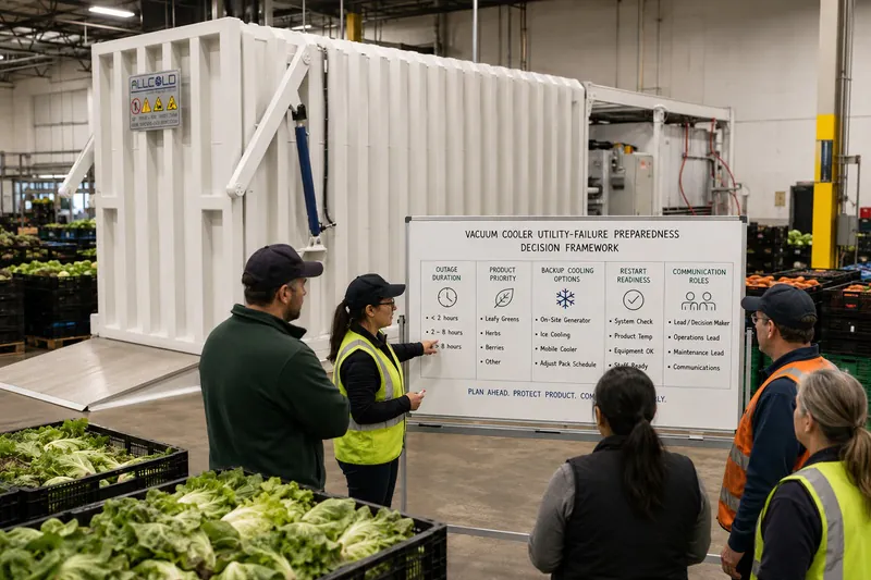 Decision framework for vacuum cooler utility-failure preparedness in a produce packing house.