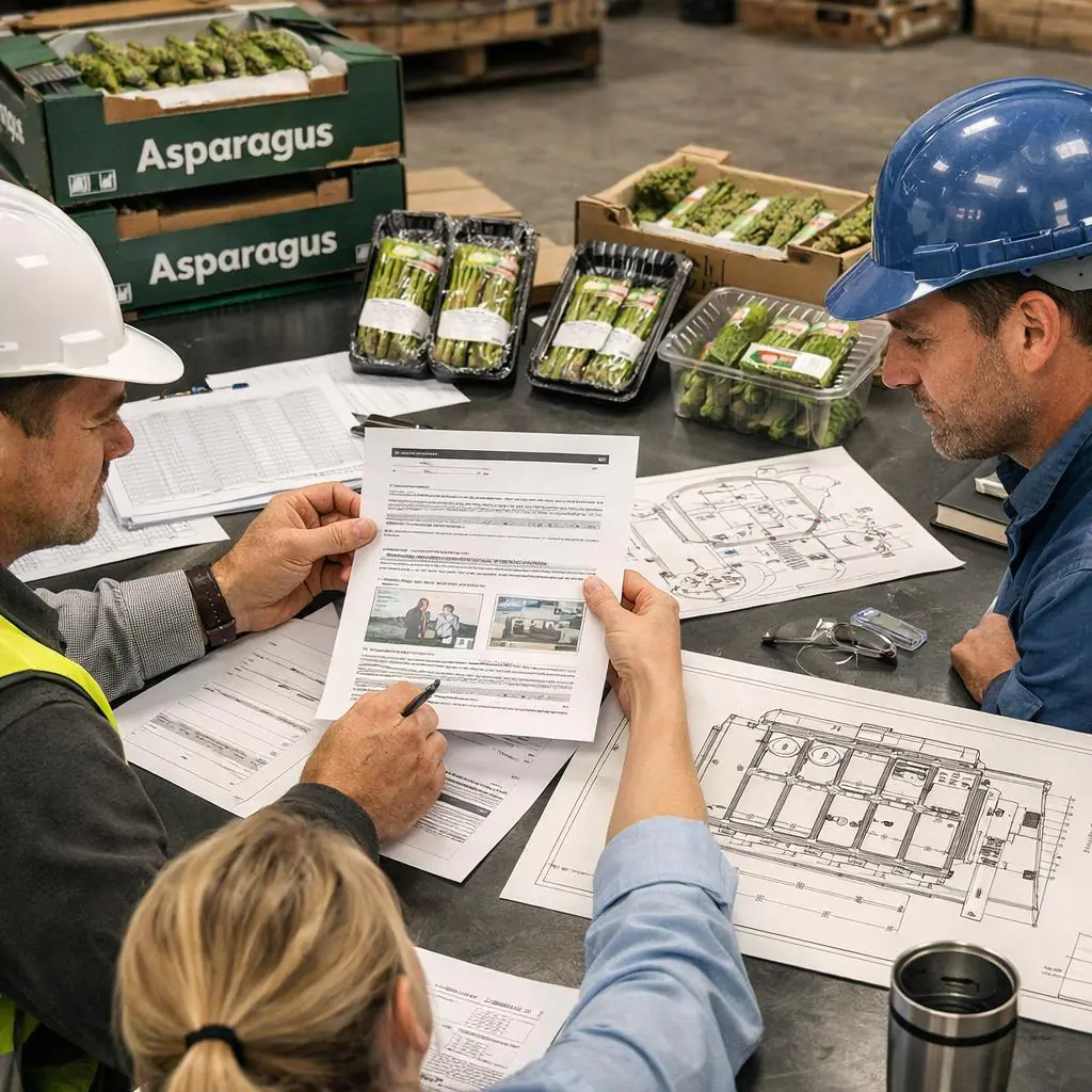 Asparagus export pre-cooling project brief with packaging samples and vacuum cooler layout plan