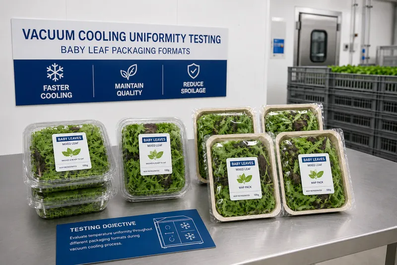 Baby leaf clamshell and MAP packaging formats prepared for vacuum cooling uniformity testing