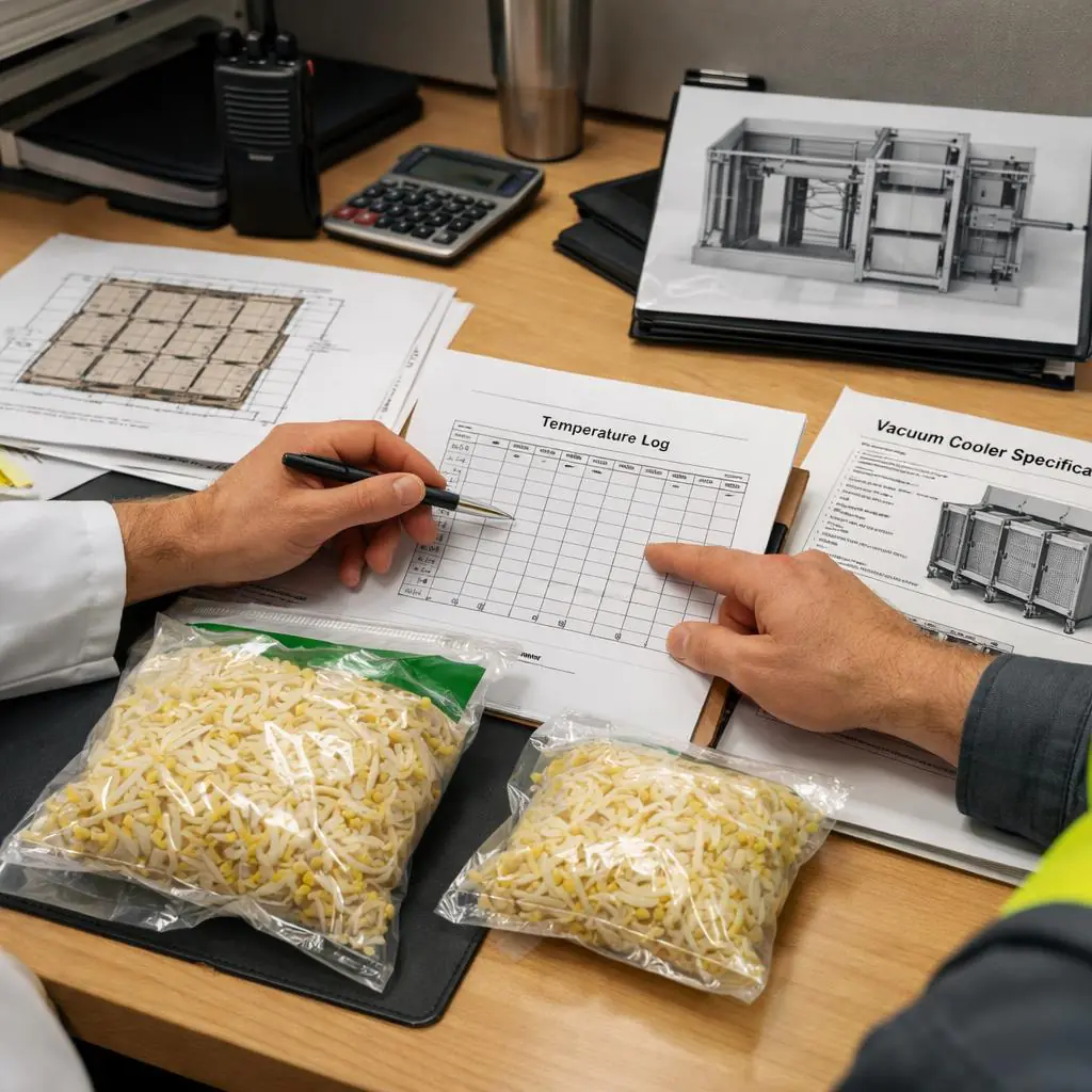 Bean sprout export pre-cooling project brief with packaging samples and temperature control plan