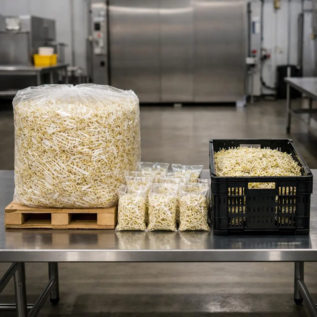 Bean sprout packaging formats tested for vacuum cooling uniformity in an export facility