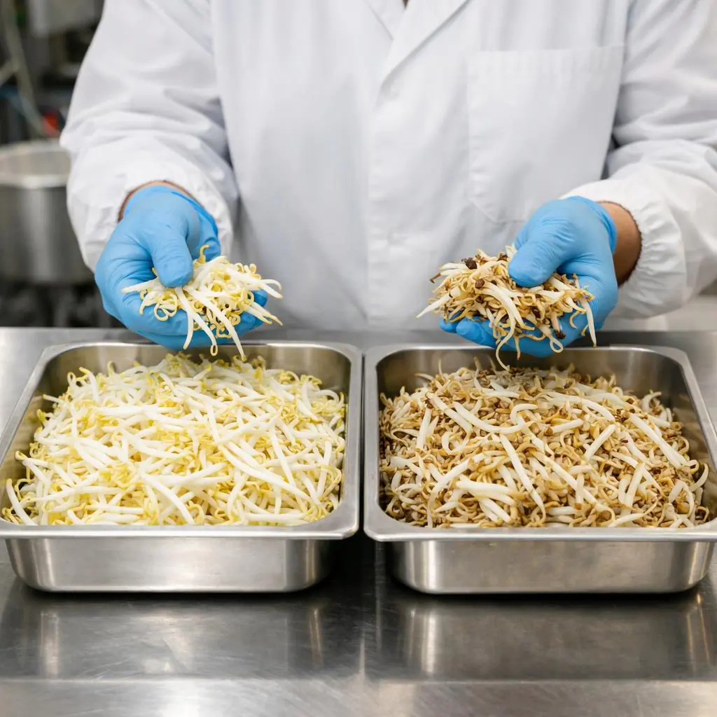 Bean sprout quality inspection comparing fresh sprouts with cooling-related browning and tip damage
