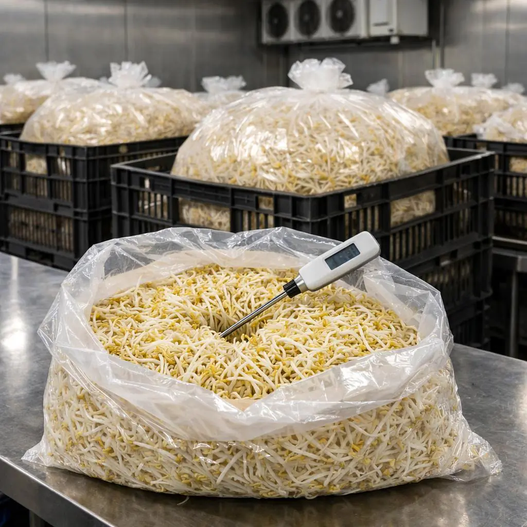 Dense bean sprout bulk packs being checked for center temperature during pre-cooling validation