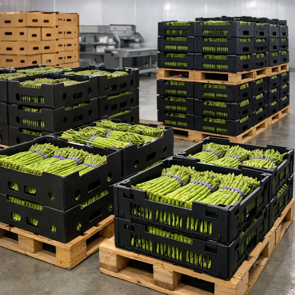 Export asparagus bundles in ventilated cartons arranged for uniform vacuum cooling