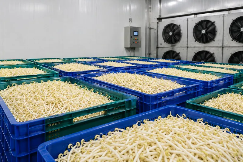 Fresh bean sprouts staged in crates for rapid pre-cooling before export packing
