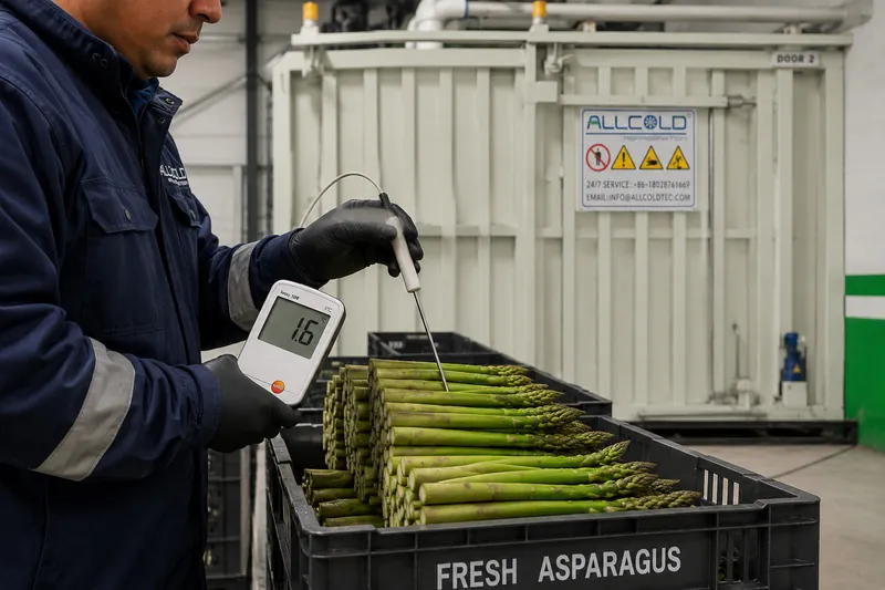 Measuring asparagus pulp temperature after vacuum pre-cooling before export cold storage