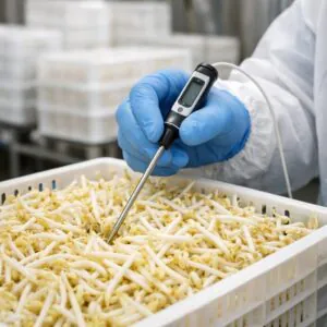 Measuring bean sprout core temperature after vacuum pre-cooling for export shelf life control