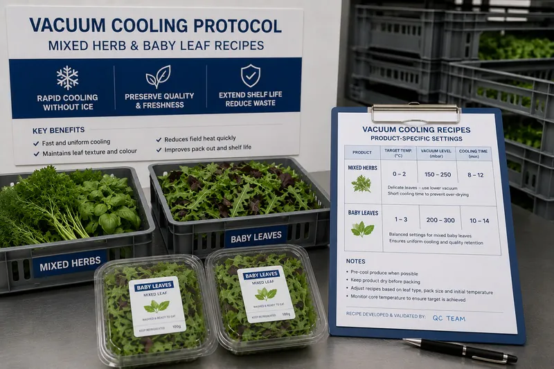 Mixed herb and baby leaf vacuum cooling protocol with product-specific recipes
