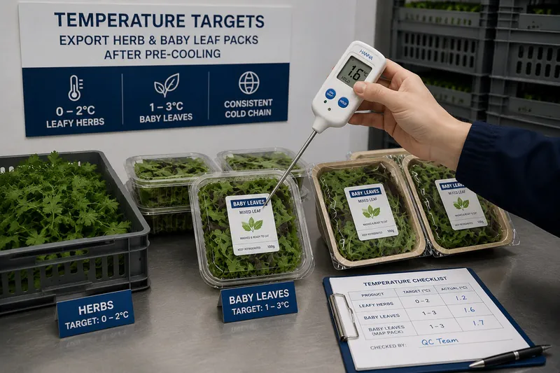 Measuring temperature targets in export herb and baby leaf packs after pre-cooling