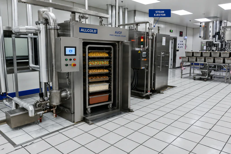 Allcold AVCF food vacuum cooler with steam ejector option — trolley-based configuration for central kitchen cooked food applications