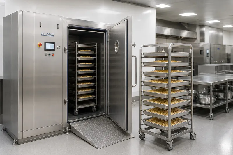 Allcold AVCF food vacuum cooler with trolleys loaded with cooked noodle trays in a central kitchen setting