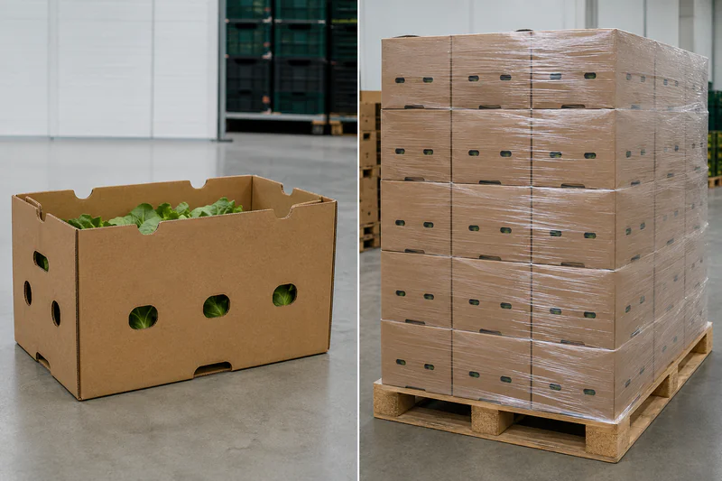 Single loose carton showing open vents on the face vs the same carton type palletised and wrapped — demonstrating how palletising blocks the vents that appeared adequate on a single carton