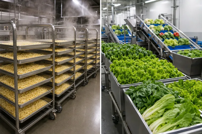 Comparison of cooked noodles and fresh vegetables on a production line — illustrating the different cooling requirements for gelatinised starch vs raw produce