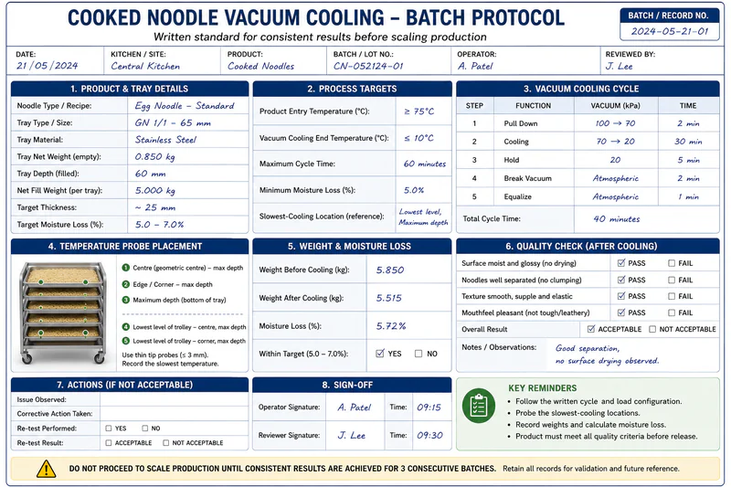 Written batch protocol document for cooked noodle vacuum cooling — showing tray depth, fill weight, entry temperature, cycle program, and quality check fields