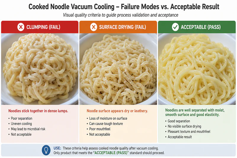 Side-by-side comparison of cooked noodle failure modes — clumping, surface drying, and acceptable texture — to illustrate quality criteria before validation testing