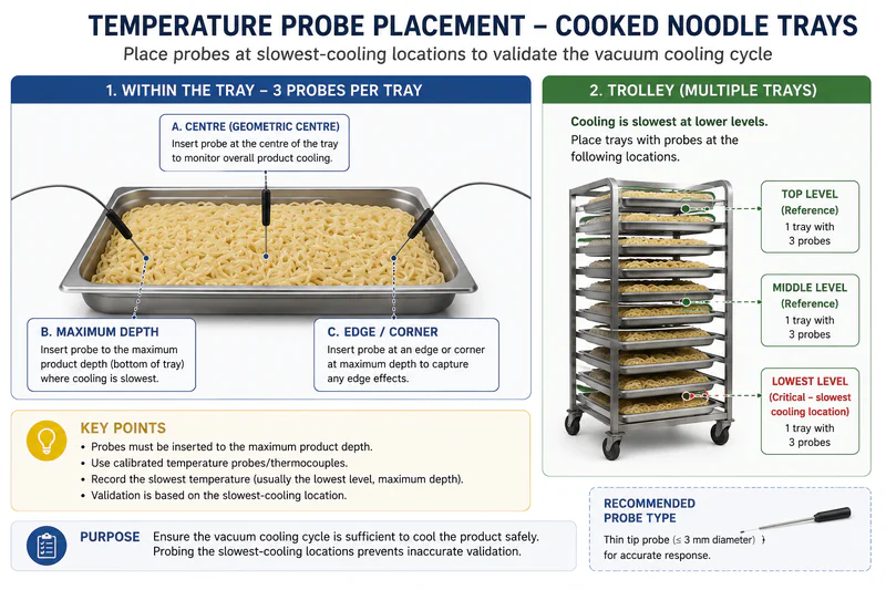 Temperature probe placement diagram for cooked noodle trays — probes at tray centre, maximum depth, and lower trolley levels where cooling is slowest