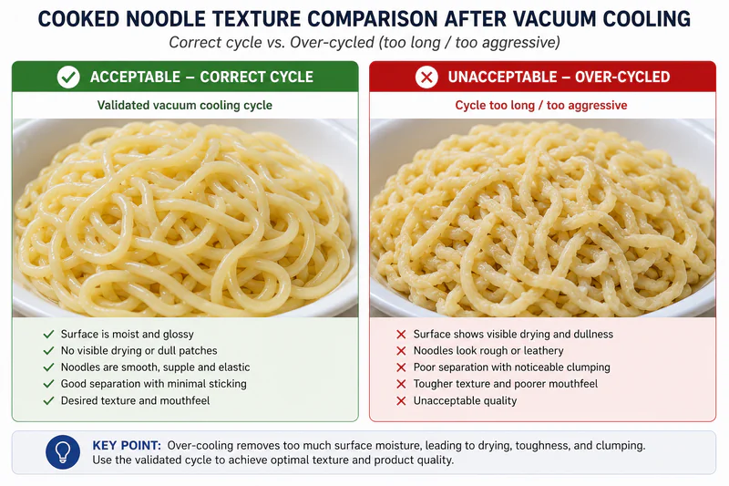 Comparison of acceptable vs unacceptable cooked noodle texture after vacuum cooling — showing surface drying on over-cycled sample vs correct texture on validated cycle
