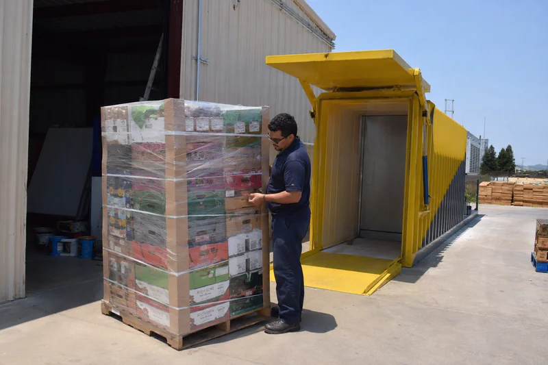 Operator inspecting a finished commercial pallet before chamber loading — checking vent visibility, wrap tightness, and corner board position