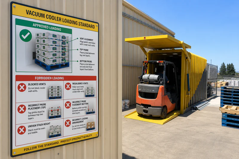 Visual loading standard poster posted near the vacuum cooler loading area — showing approved pallet photo, vent alignment, probe positions, and forbidden configurations